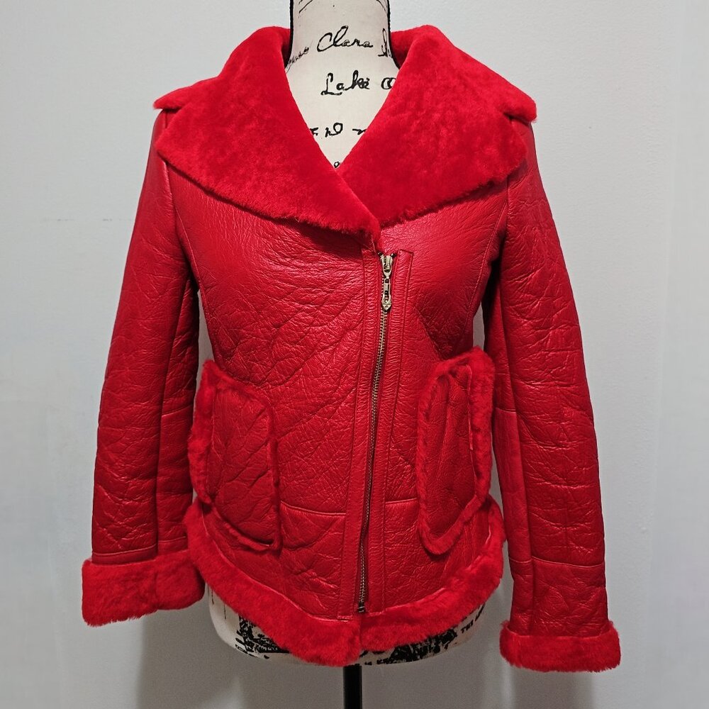 New Real Merino Sheepskin Shearling Lamb Fur Moto Racer Biker Jacket Holiday Red